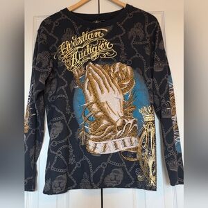 Christian Audigier Womens Black And Gold Graphics Faith Longsleeve Shirt, Size M
